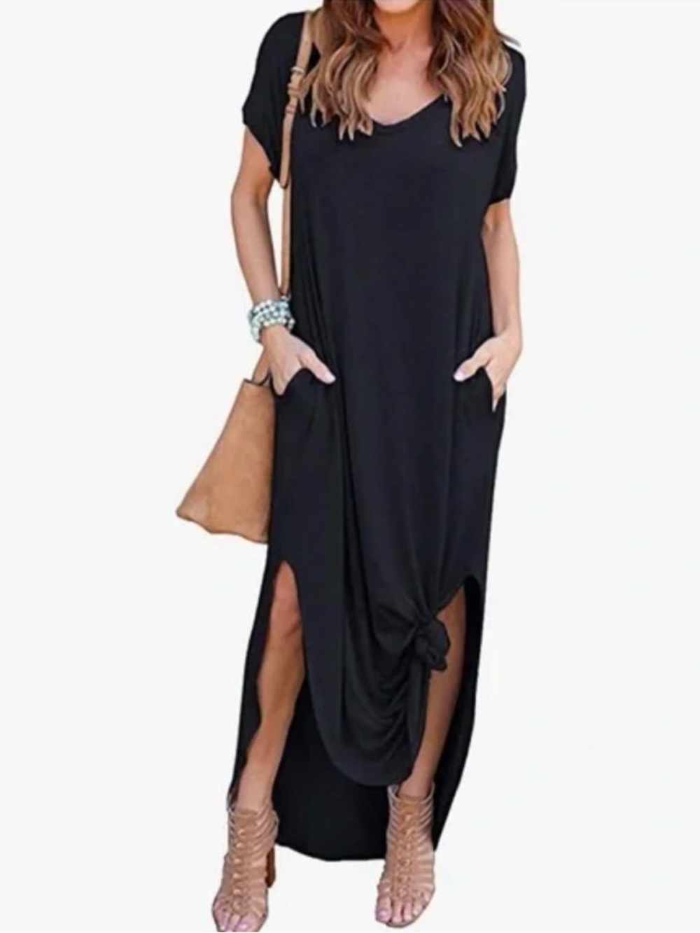 Grecerelle black maxi dress features a V-neckline, short sleeves, tie front